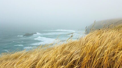 Generative AI : Golden Veldt grass with incoming fog on a windy day along the California coast.