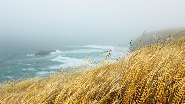 Generative AI : Golden Veldt grass with incoming fog on a windy day along the California coast.