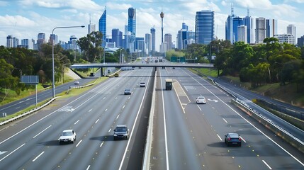 Fototapeta premium Generative AI : Two-lane freeway with one-way traffic in front of the city