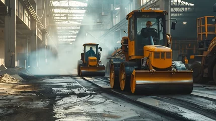 Foto auf Acrylglas Generative AI : industrial landscape with rollers that rolls a new asphalt in the roadway. Repair, complicated transport movement. © The Little Hut