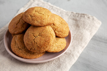 Homemade Soft And Chewy Snickerdoodle Cookies on a Plate, side view. Copy space.