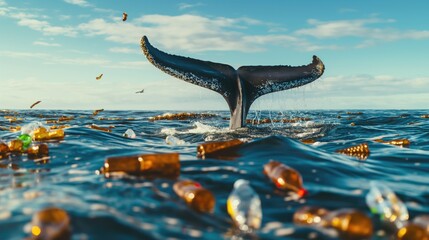 Whale tail on the surface of the sea or ocean with plastic bottles against blue sky - obrazy, fototapety, plakaty