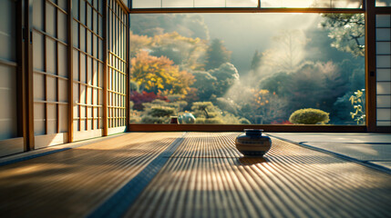 Traditional Japanese tea room with tatami mats and shoji screens. - obrazy, fototapety, plakaty