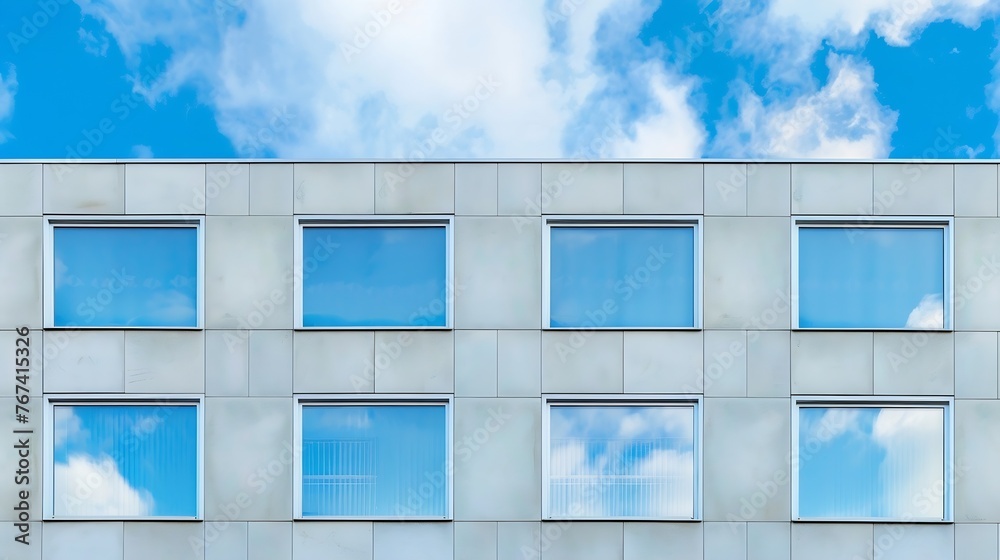 Poster generative ai : building wall outside and windows against blue sky white clouds on daylight in city 