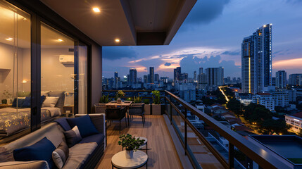 Urban balcony with compact furniture and city views. - obrazy, fototapety, plakaty
