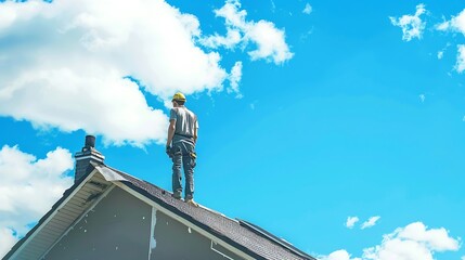 Generative AI : Engineer inspects, installers, technicians install roofing at the top of the house, renovate, renovate, build a country house