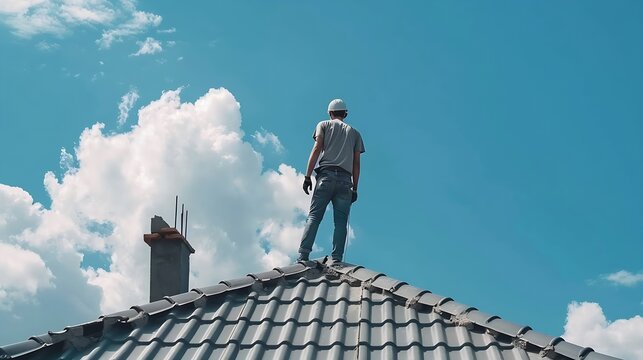 Generative AI : Roof repair, worker replacing gray tiles or shingles on house with blue sky as background and copy space