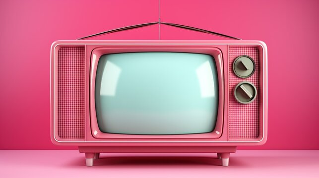 A pink retro old television with antenna. 3d rendering style Solid color background