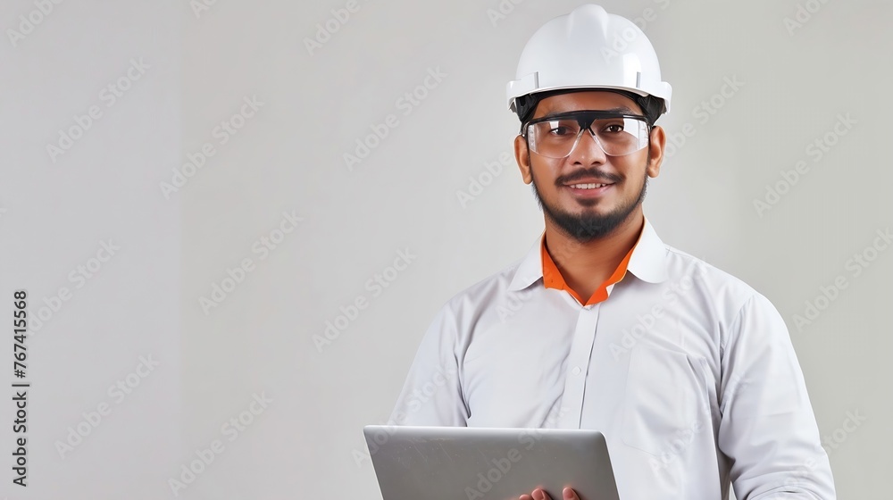 Poster generative ai : a handsome male engineer or architect with a white helmet. male engineer standing wi