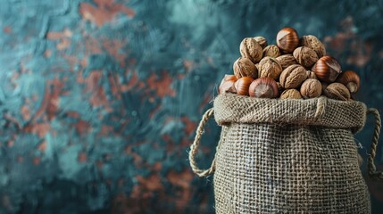 Brown burlap sacks filled with nuts and seeds on a dark background illustrating the concept of simple nutritional choices having a big impact - obrazy, fototapety, plakaty