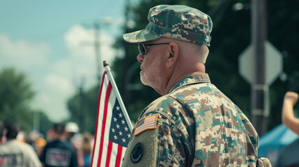 Veterans marching in a 4th of July parade proudly displaying the American flag. - obrazy, fototapety, plakaty
