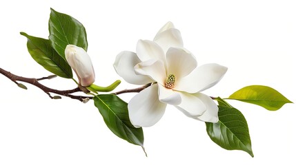 Generative AI : Magnolia liliiflora flower on branch with leaves, Lily magnolia flower isolated on...