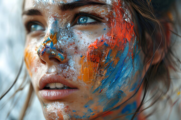 dry colored paint and makeup on the face of a beautiful model. fashionable beauty and glamor