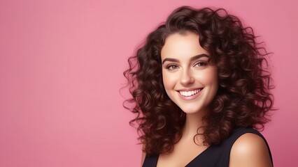 Photo portrait of a girl with curly hair on a pink background - obrazy, fototapety, plakaty