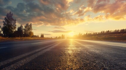 Generative AI : Nature landscape of sunset light above asphalt road