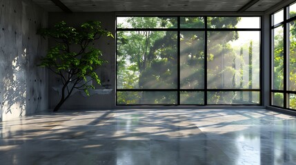 Generative AI : Empty room with glass window frame house interior on concrete wall