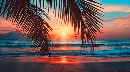 Generative AI : Beautiful sunset beach landscape, golden sun glow reflection, summer holidays vacation