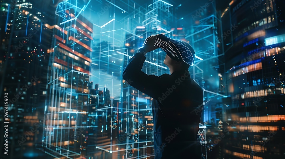 Poster Generative AI : The investor looks at the virtual view of the future object.