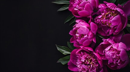 Generative AI : Beautiful Violet peonies bouquet on black. Floral background. Natural flowers pattern.