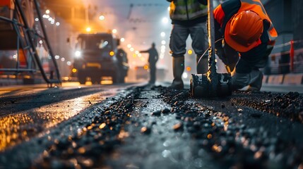 Generative AI : Engineer orders for workers to work safely at construction site, workers put asphalt on the road