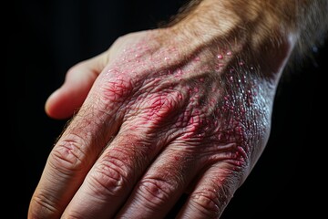 Psoriasis Vulgaris, skin patches hand are typically red, itchy, and scaly. Papules of chronic psoriasis vulgaris on body. Genetic immune disease. Detail of psoriatic skin disease, Generative AI. - obrazy, fototapety, plakaty