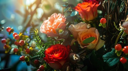 Generative AI : flower bouquet on background photography for Congratulations or important opportunity - obrazy, fototapety, plakaty