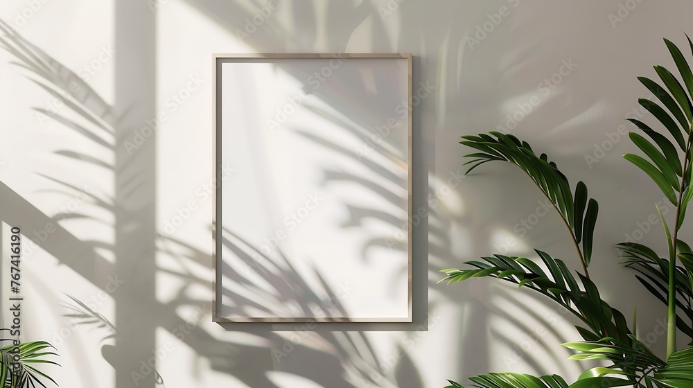 Poster generative ai : simple minimalist frame mockup poster hanging on the white wall with plant frame moc