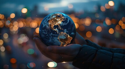 Fototapeta premium Generative AI : Planet Earth in the hands of a man against the background of the lights of the evening city. 
