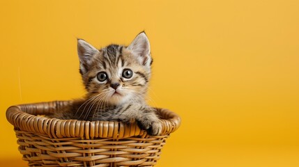 Generative AI : a very cute, fluffy, British breed kitten in a basket on a yellow background
