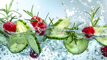Lime, cucumber, rosemary and raspberry flying with ices and water splash
