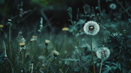 Generative AI : Dandelion in a meadow on a dark green background. Dark Vignette and selective focus