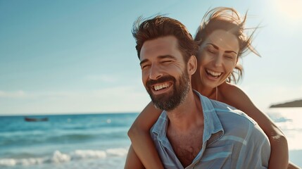 Fototapeta premium Generative AI : Man giving his smiling wife a piggy back at the beach on a sunny day