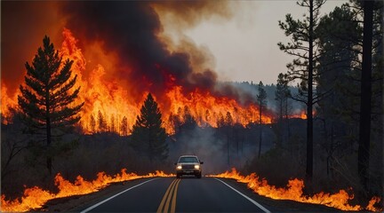 Fototapeta na wymiar Fiery wildfire engulfing forest or urban area