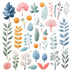 A collection of seamless pattern, colorful abstract plants and flowers. Hand drawn Collection of leaves and flowers. A close up of a pattern of flowers and leaves.
