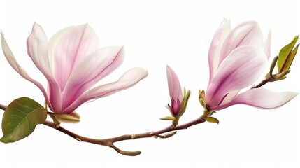 Generative AI : Magnolia liliiflora flower on branch with leaves, Lily magnolia flower isolated on white background