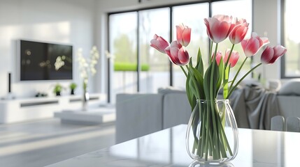 Generative AI : kitchen table with tulips in a glass vase and open view in to the living room with a sofa