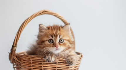 Fototapeta na wymiar Generative AI : a very cute, fluffy, British breed kitten in a basket on a white background