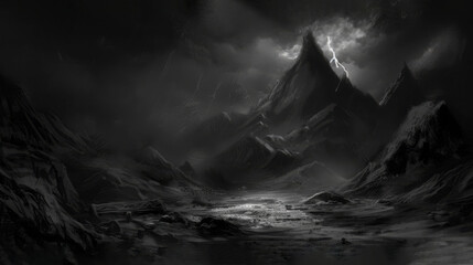  a black and white photo of a mountain range with a dark sky and a light coming from the top of the mountain.
