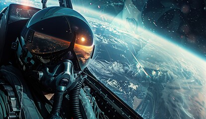 Portrait wide-angle a pilot in an advanced fighter jet, wearing mask and helmet In cockpit, flying through space. Close-up shot 3d rendering background. - obrazy, fototapety, plakaty
