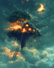 A cute little house on top of the clouds, with a ladder to get into it. AI generative