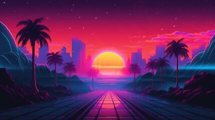 Synthwave-style landscape with mountain peaks, urban high-rises, and sun - obrazy, fototapety, plakaty