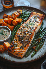 Plate of salmon, green beans, and sweet potatoes on table