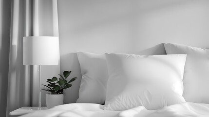Generative AI : White comfortable pillow on bed with light lamp decoration in bedroom interior