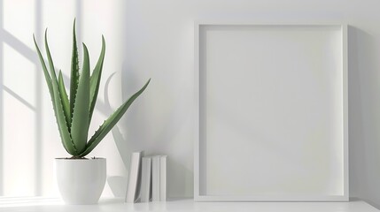Generative AI : Mock up white frame and aloe vera plant on book shelf or desk. White colors.