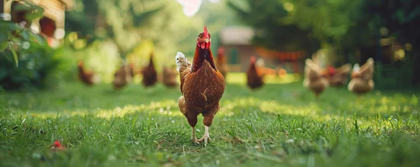 Foto op Plexiglas A flock of chickens roam in green paddock. Free range chicken on traditional poultry farm. Organic farming, back to nature concept  © ratatosk