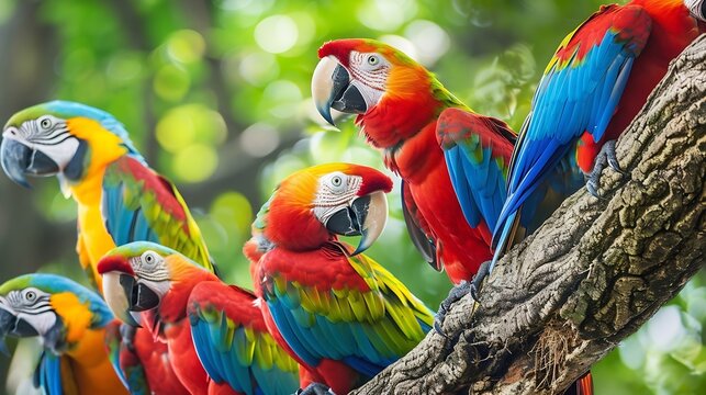 Generative AI : group of colorful macaw on the tree