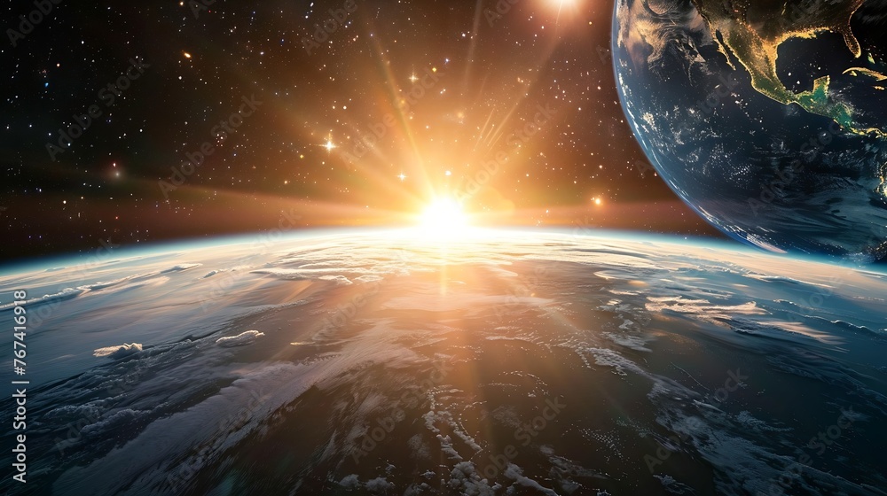 Aufkleber generative ai : panoramic view of the earth, sun, star and galaxy. sunrise over planet earth, view f