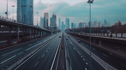 Generative AI : Two-lane freeway with one-way traffic in front of the city - obrazy, fototapety, plakaty