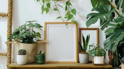 Generative AI : Interior design of living room with brown mock up photo frame on the green shelf with beautiful plants