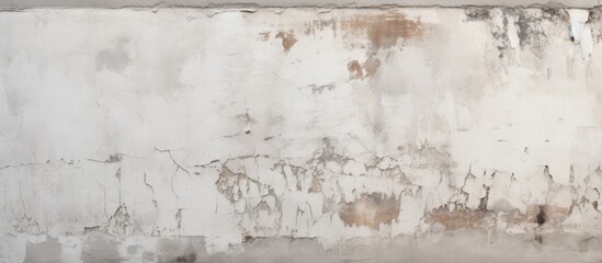 A close up of a white wall with peeling paint resembling a winter landscape covered in snow,...